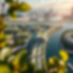 Aerial view of Noor Island showcasing lush greenery and architectural marvels.