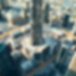 Aerial view of Burj Khalifa with parking facilities visible