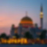 Serene evening view of a mosque adorned with lights during Ramadan.