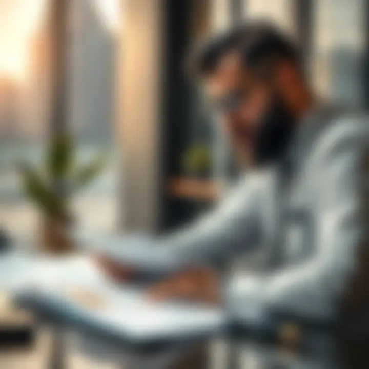 Investor Analysis in Dubai An investor reviewing property documents in a modern office