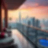Dubai Skyline from a Penthouse Balcony Luxury penthouse balcony with a stunning view of Dubai skyline