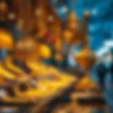 Golden jewelry displayed in a traditional market setting