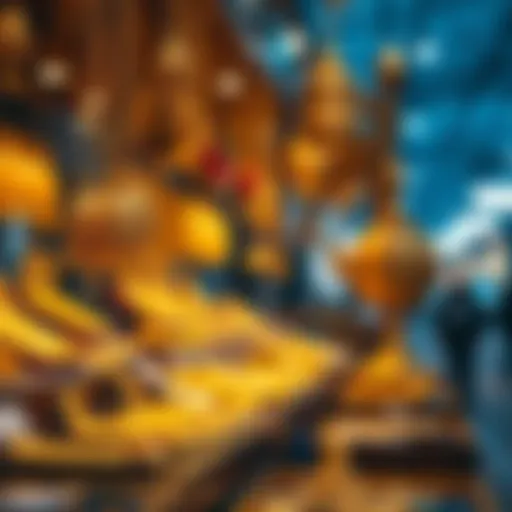 Golden jewelry displayed in a traditional market setting