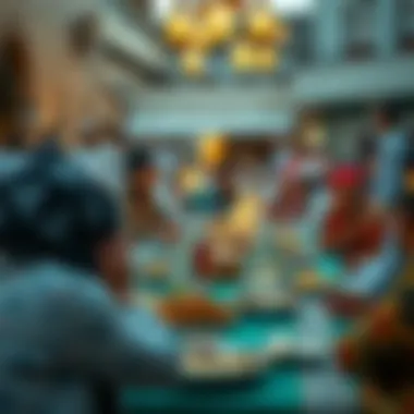 Traditional iftar meal set up in a vibrant community setting.