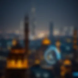 A panoramic view of Dubai's skyline during Ramadan with illuminated mosques.