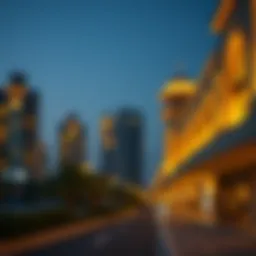A tranquil evening scene during Ramadan with illuminated buildings
